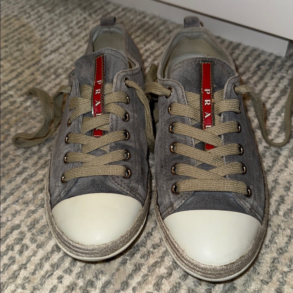 Authentic Prada Gray Sneakers with Red Accents